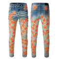 Guys Rip Slim Fit Skinny Man Pants Orange Star Patches Trendy Long Straight Hip Hop With Hole Blue Mens Jeans