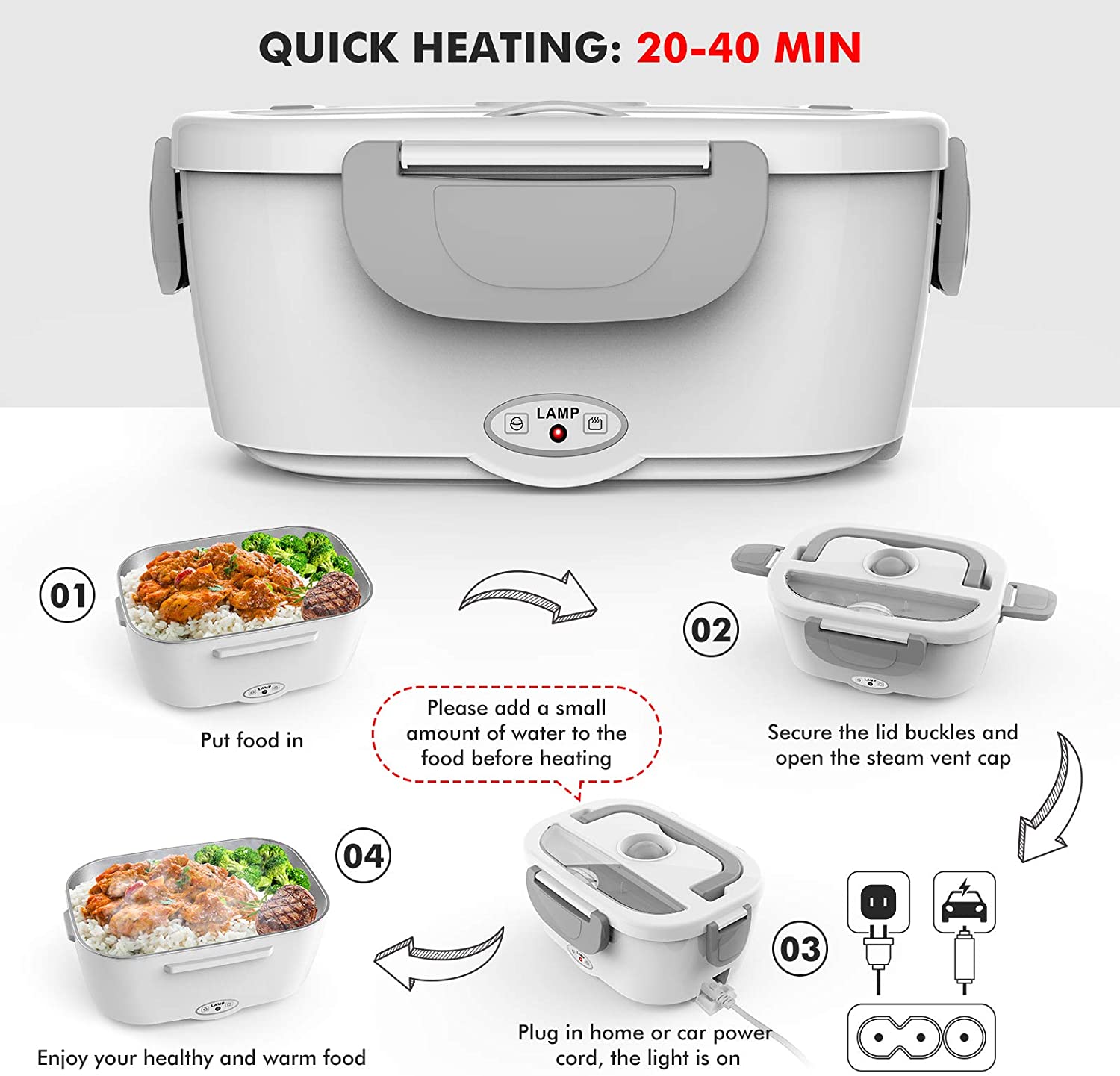 110v 220v 12v 24v portable stainless steel hot food heating electric heated lunch box for car and home