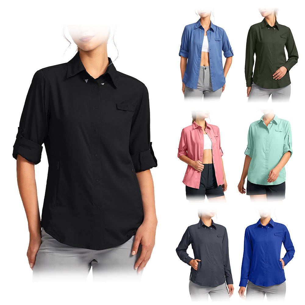 Custom Women Blank Spf 50 Uv Protection Royal Blue Fishing Shirts Australia Button Down Up Long Sleeve Polyester Fishing Shirts