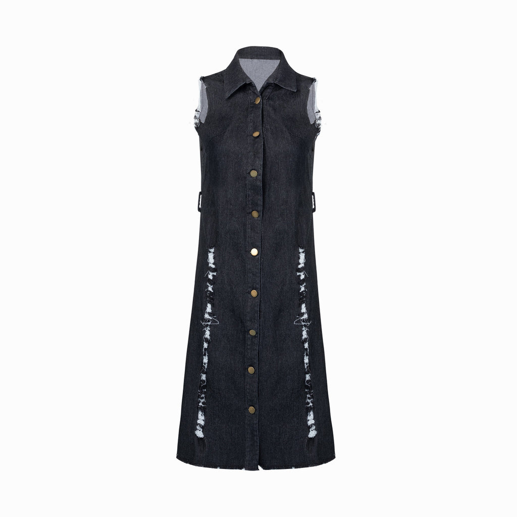 2020 summer women jeans sleeveless reverse collar washed and polished jeans dress