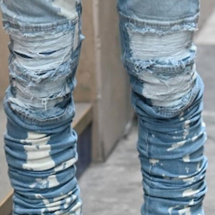 Heavyweight vintage acid wash blue denim pants men wholesale cut edge stacked jeans flare custom ripped distressed jeans