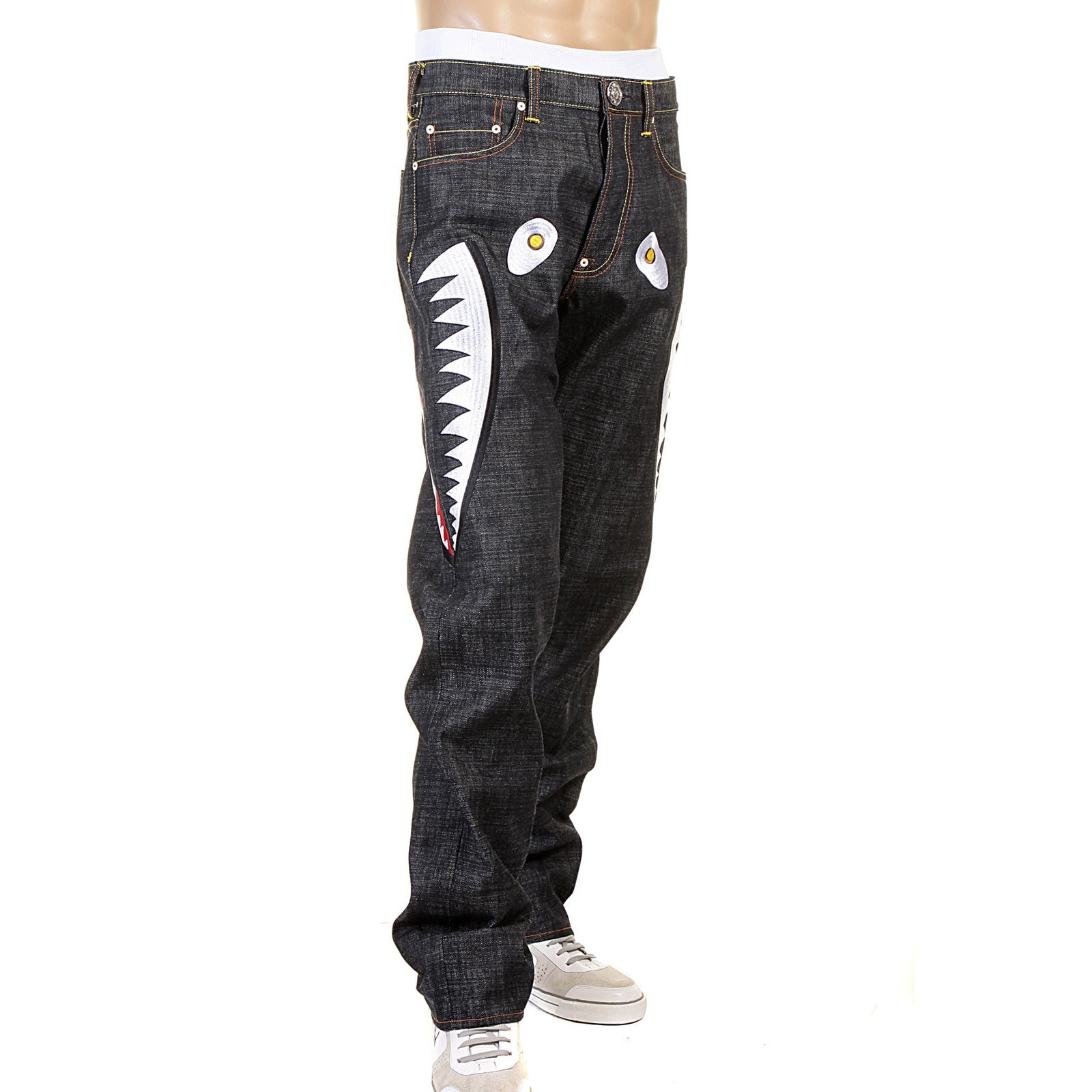 Mens straight leg Japanese raw selvedge denim jeans with custom high quality embroidery pattern