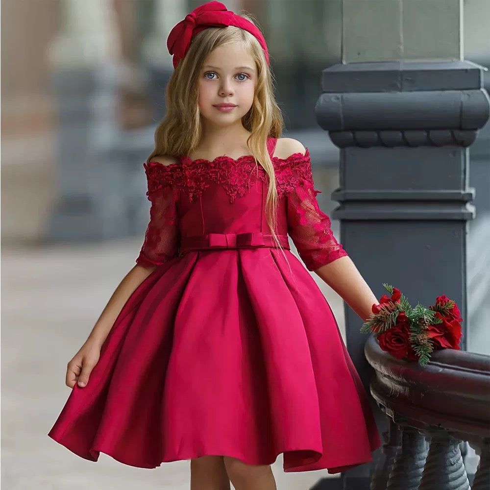 Hot Sale Kid Clothing Girl Princess Dress Kids Shoulder Lace Half Sleeve Ball Gown Flower Girls Dress Patterns