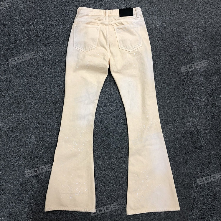 EDGE DENIM Custom jeans manufacturers design distress hole flare fit white blue flame flair jeans man Denim Men's Jeans Pants