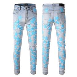 Guys Rip Slim Fit Skinny Man Pants Orange Star Patches Trendy Long Straight Hip Hop With Hole Blue Mens Jeans