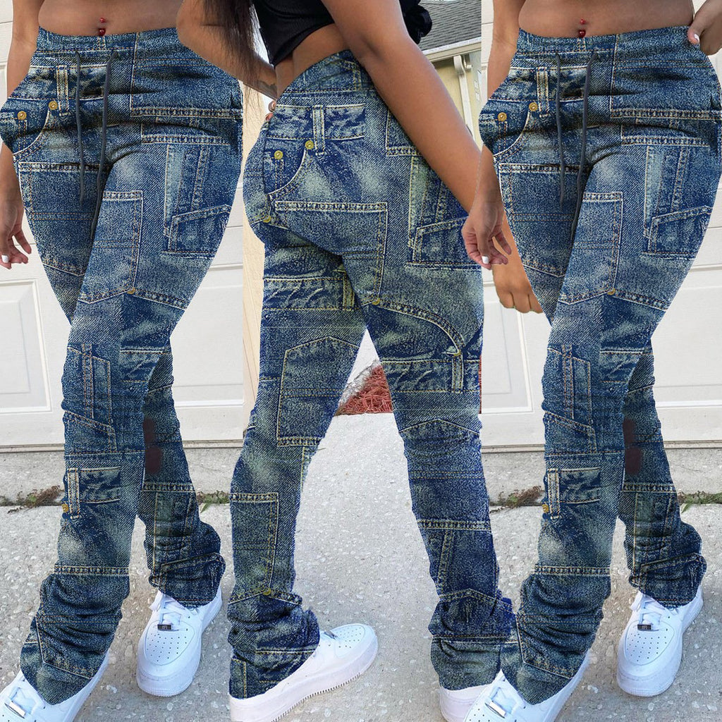 h3618 winter hot selling casual denim printing pocket patchwork drawstring waist stacked long pants