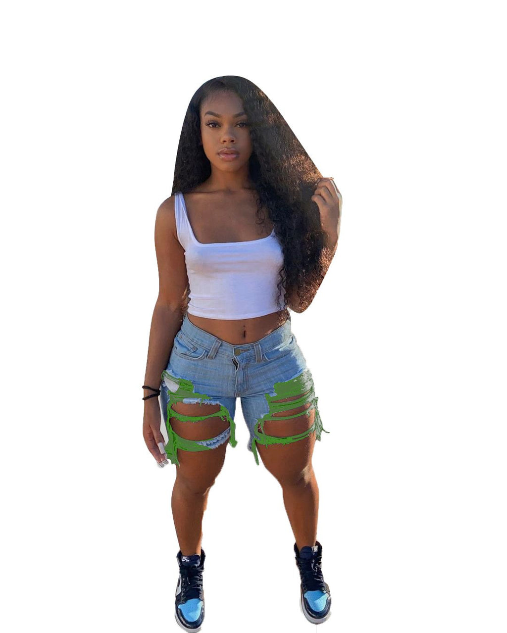 2021 summer skinny short pants high waist ripped colorful jean biker distressed cut up shorts women
