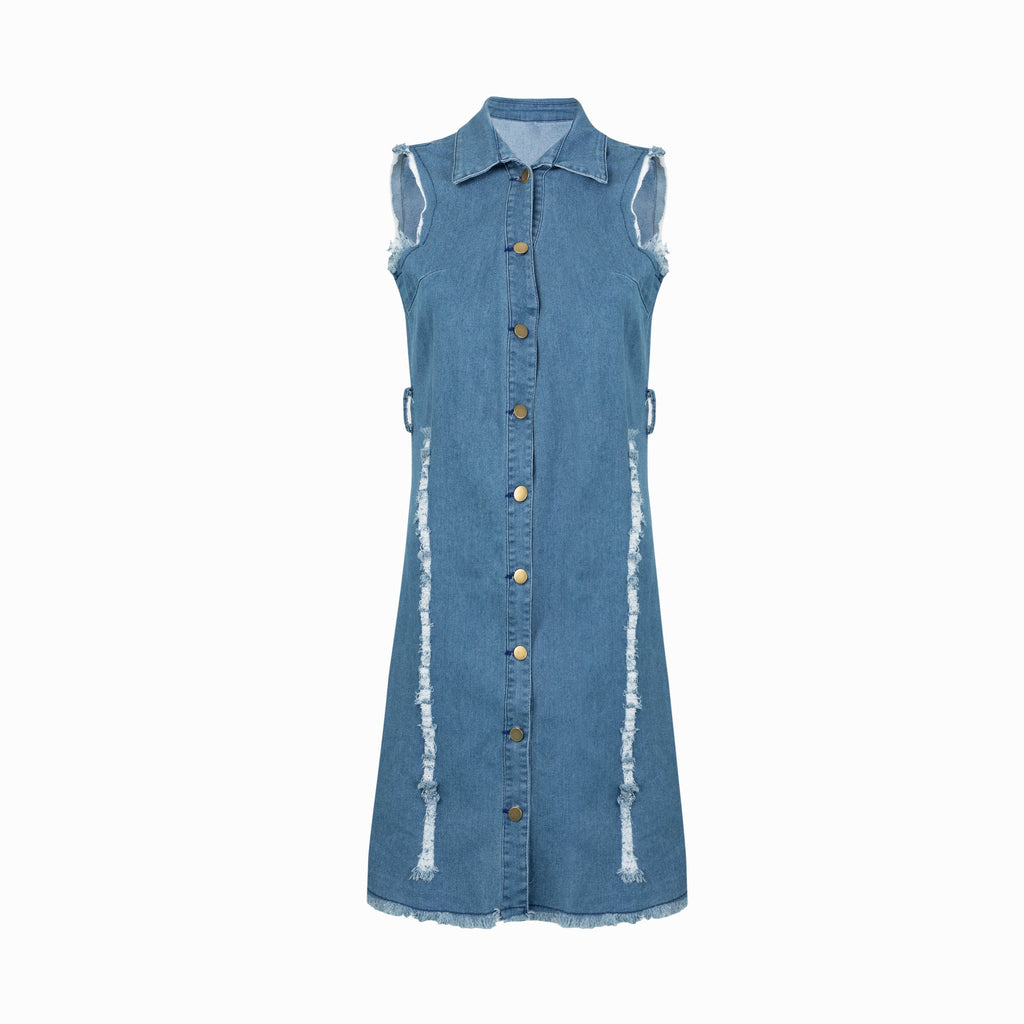 2020 summer women jeans sleeveless reverse collar washed and polished jeans dress