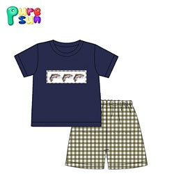 Puresun wholesale little baby and kids clothing fishes applique design outfit high quality boys clothes