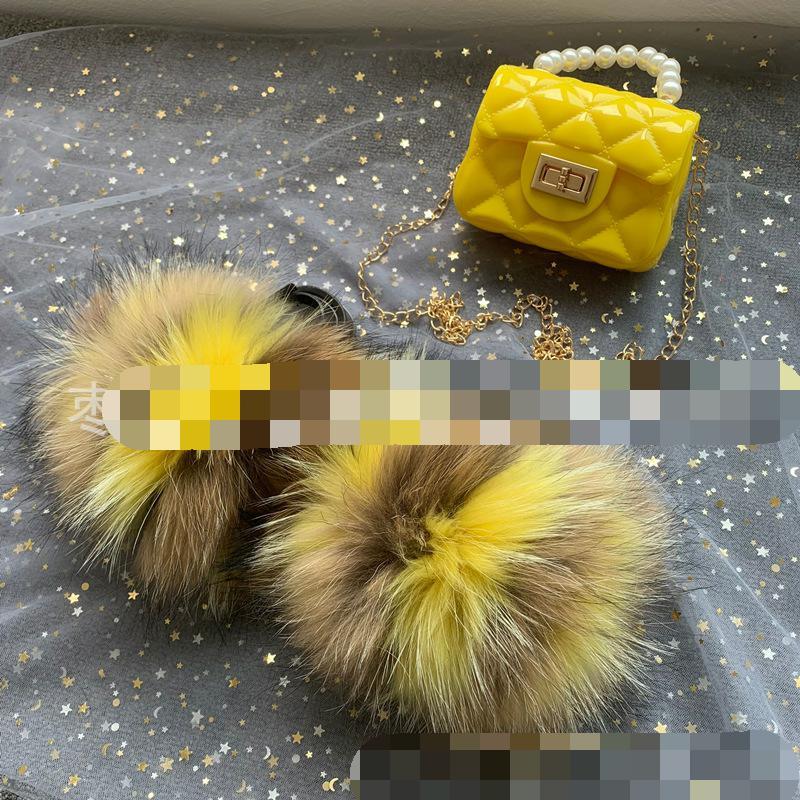 new arrival wholesale colorful fur cute raccoon fox fur slippers summer toddler fur slides kids girls shoes and bags set 2021