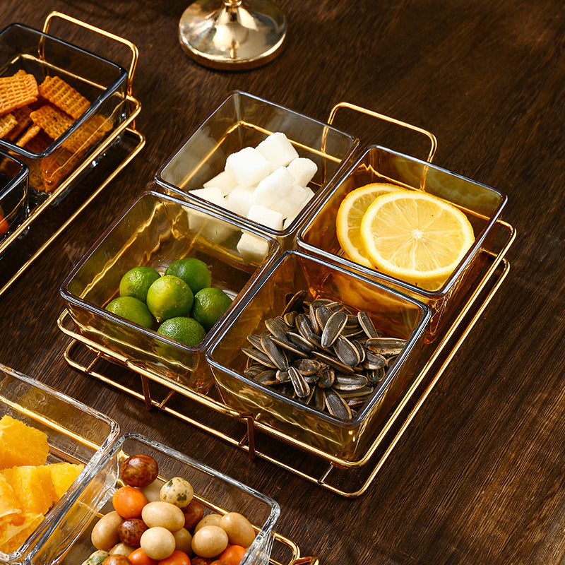 Luxury Glass Plate Snack Dish golden food dish 6 compartments snacks serving tray table kitchen square decorative fruit plate