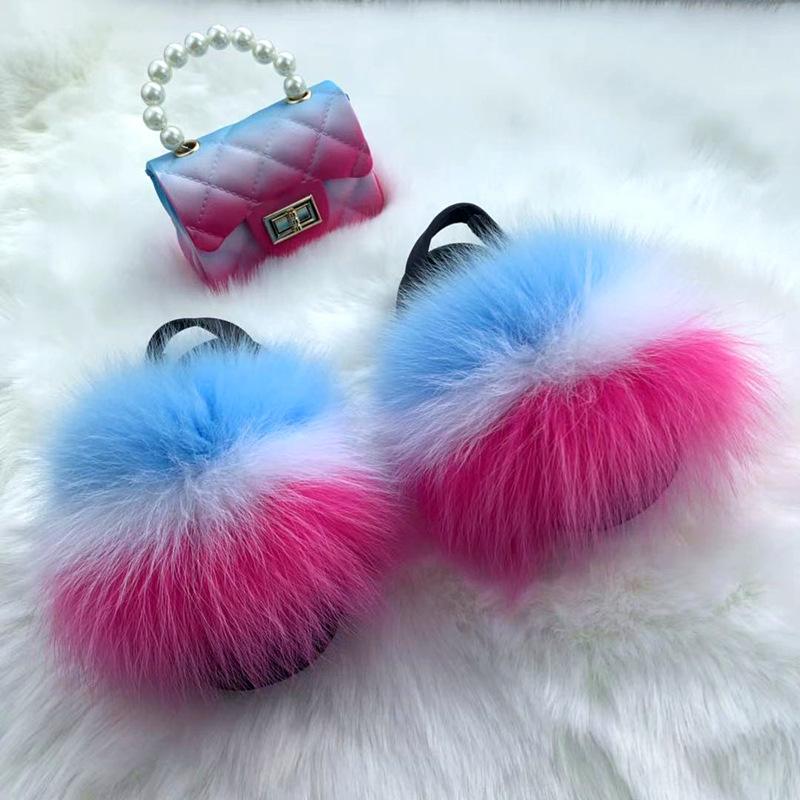 new arrival wholesale colorful fur cute raccoon fox fur slippers summer toddler fur slides kids girls shoes and bags set 2021