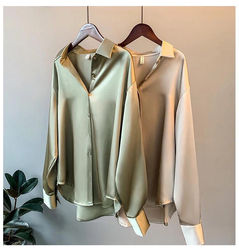 Breathable Solid Silk Women Blouse Ladies Long Sleeve Satin Shirts V Neck Office White Blouse Shirt Women Tops