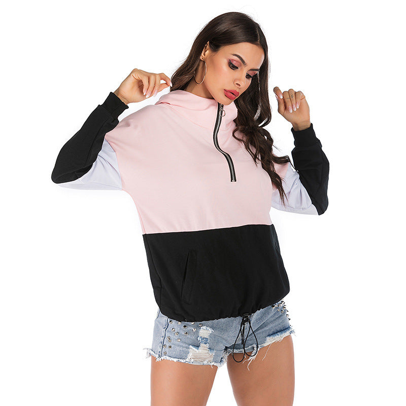 autumn style stitched hooded zipper pullover long sleeve bottomed womens sweater casual