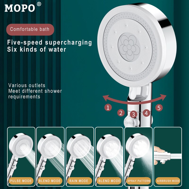 Shower Head Water Saving Black 6 Mode Adjustable High Pressure Shower One-key Stop Water Massage Eco Shower Bathroom Accessories