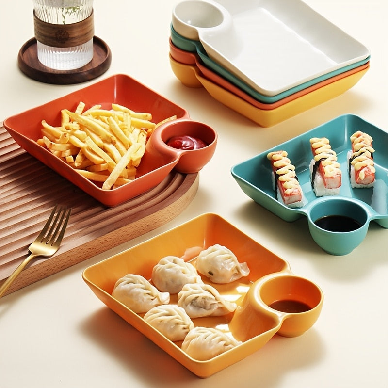 Square Dumpling Plates with Sauce Compartment Square Serving Plates with Sauce Holder Serving Platter Tray for Party Chips