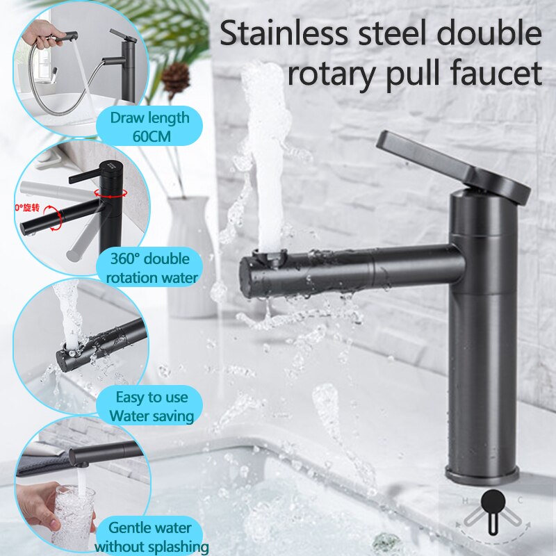 Stainless Steel 360° Rotating Pull-out Faucet Rotating Bathroom Basin Faucet Spillproof Mixer Faucet Accessories with triangle V